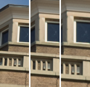 Driemaal hetzelfde blokje pixels: links uit het origineel, midden uit de met Camera Raw en rechts uit de met Photoshop rechtgezette foto