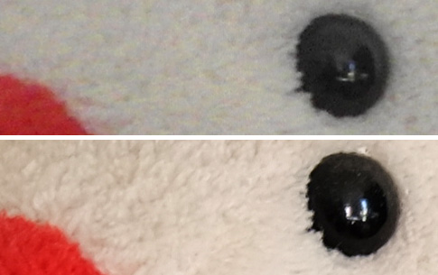 Boven een uitsnede op ware pixelgrootte van bovenstaande foto met de kleine sensor van een compactcamera/smartphone, onder van een vergelijkbare foto met een APS-C-sensor, beide op 400 ISO. Behalve dat de bovenste foto minder scherp is en meer ruis bevat, zijn de kleuren minder sprekend en is zowel het wit als het zwart grauwer.